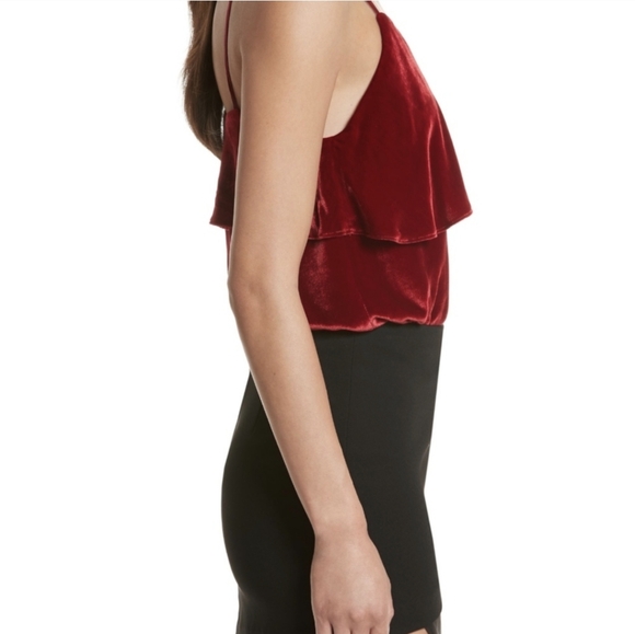 Alice + Olivia Vanessa Sultry Red Velvet Ruffle Sleeveless Camisole Tank Top. - Picture 6 of 15